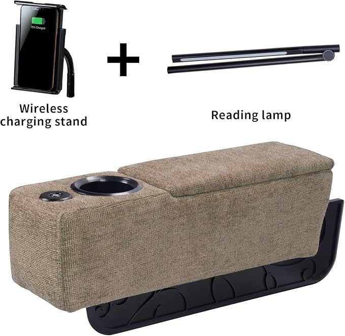 Multifunctional Sofa Armrest, Couch Armrest with Cup Holder, Removable Sofa Caddy with Storage,Equipped with LED Reading Light&Wireless Charge Stand, Brown