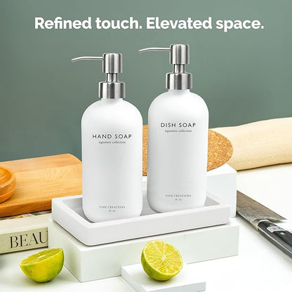 Vine Creations Glass Soap Dispenser Set, Kitchen Soap Dispenser Set with Ceramic Tray, 16 oz Dish Soap and Hand Soap Dispensers with Stainless Steel Pump Decor (White Bottle/Silver)