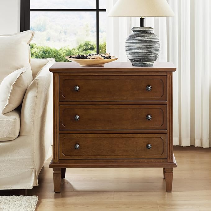 HULALA HOME 3 Drawer End Table with Charging Station, Wooden Drawer Organizer with Wood Legs, Mid Century Modern End Table, Walnut