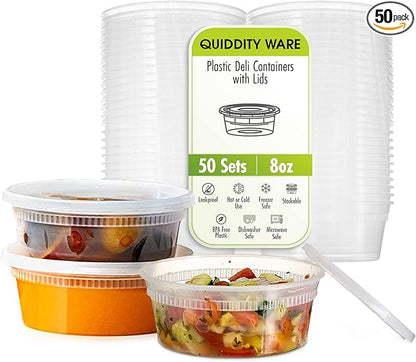 QUIDDITY WARE (8oz-Deli Containers with Leakproof Lids-50 Pack BPA-Free Plastic Microwaveable Clear Food Storage Container Premium Heavy-Duty Quality, Freezer & Dishwasher Safe