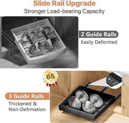 BUFOR 1 Pack Pull out Cabinet Organizer, Width (12"-19") Depth (17"-23"), with 3 Rails Adjustable Slide, Expandable Pullout Drawers for Cabinets, No Drill Adhesive Kitchen Drawers for Pantry Shelves