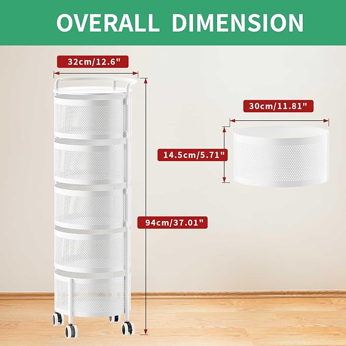 JAQ Rotating Fruit Basket, 5-Tier Metal Sturdy Kitchen Storage Rack Carts No Assembly on Rolling Wheels for Fruit Vegetable Grocery Corns Potato Onion in Bathroom(White, 5-Tier)