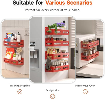 4 Pack Strong Magnetic Spice Rack for Refrigerator, Multipurpose Magnetic Shelf for Fridge with 4 Hooks for kitchen and Bathroom Organization, Red
