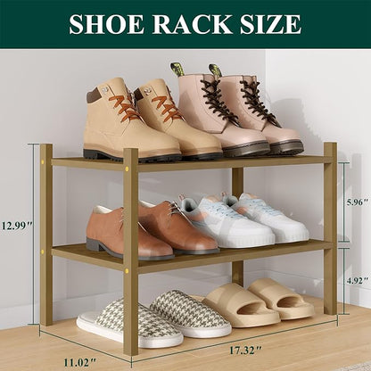 Smiry Small Bamboo Shoe Rack 2-Tier, Stackable Wooden Shoe Organizer for Entryway & Closet, Free Standing Wood Shoe Storage Shelf for Front Door & Small Spaces, Walnut