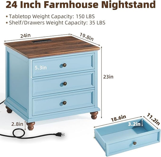 Joaxswe Farmhouse Nightstand with Charging Station, 24" Wide End Table with 3 Drawers,Light Blue Wood Dresser for Bedroom, Bed Side Table Chest of Drawers Cabinet,Night Stand for Living Room, Closet