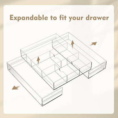 Briwooody 2 Pcs Acrylic Desk Drawer Organizer Maximum 12 x 18 x 2.1 Inch Expandable Drawer Organizer Trays with 8 Adjustable Compartments Desk Accessories for Makeup Silverware Office Bathroom