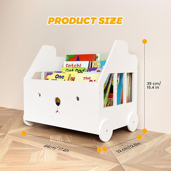 Wooden Kids Bookshelf, Toddler Montessori Bookshelf, Nursery Book Shelves with 4 Adjustable Dividers, Book Shelf for Kids Rooms, Nursery, Bedroom, Classroom and Playroom Storage