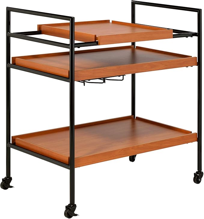3-Tier Rolling Bar Cart, Honey Oak & Black Metal Frame, 29W x 14D x 33H inches