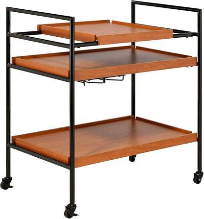 3-Tier Rolling Bar Cart, Honey Oak & Black Metal Frame, 29W x 14D x 33H inches