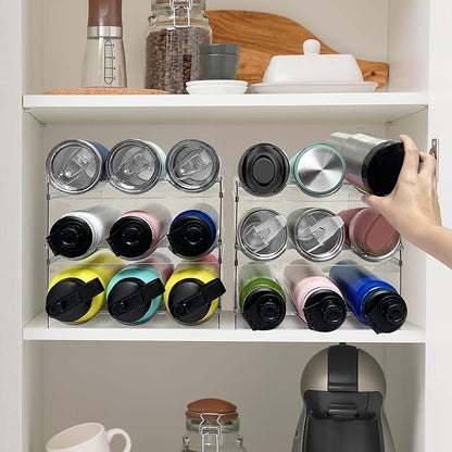 6 Pack Water Bottle Organizer, Stackable Kitchen Home Pantry Organization and Storage Shelf, Plastic Water Bottle Holder for Kitchen Cabinet Storage, Wine Tumbler Travel Mug Cup Organizer