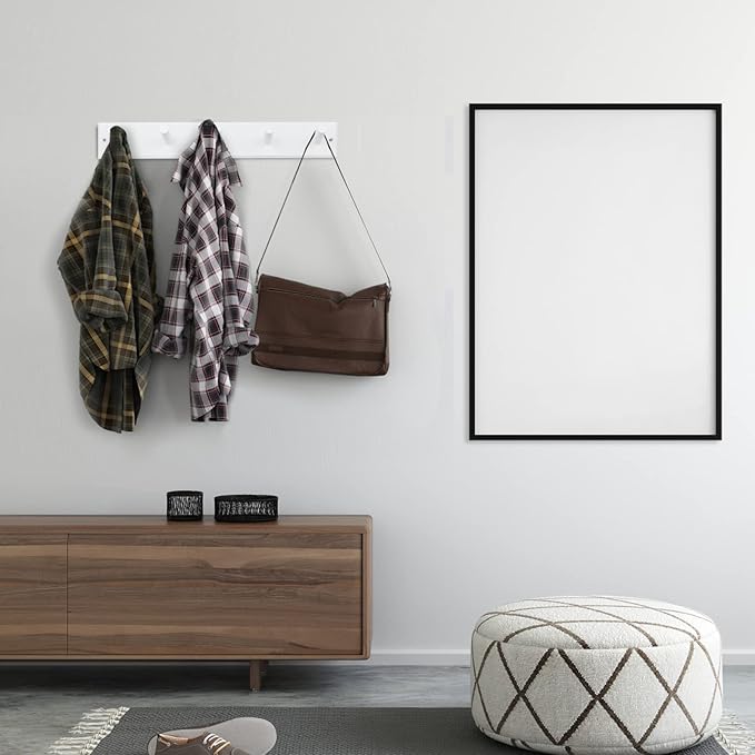Wood Coat Rack Wall Mounted, 16'' Hole to Hole Wooden Peg Rail for Wall Hangers, 5 Pegs Bamboo Wall Hook for Hanging Towels Hats Robes Clothes Keys, White