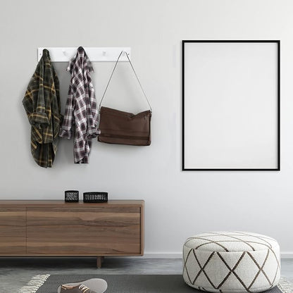 Wood Coat Rack Wall Mounted, 16'' Hole to Hole Wooden Peg Rail for Wall Hangers, 5 Pegs Bamboo Wall Hook for Hanging Towels Hats Robes Clothes Keys, White