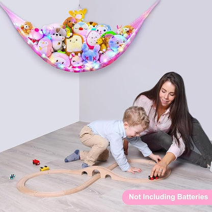 Unicorn Castle Stuffed Animals Net or Hammock Kids Toy Storage Organizer with LED Light Hanging Corner Stuffed Animals Holder Kids Girls Room Decor,Pink,Large (Pack of 1)