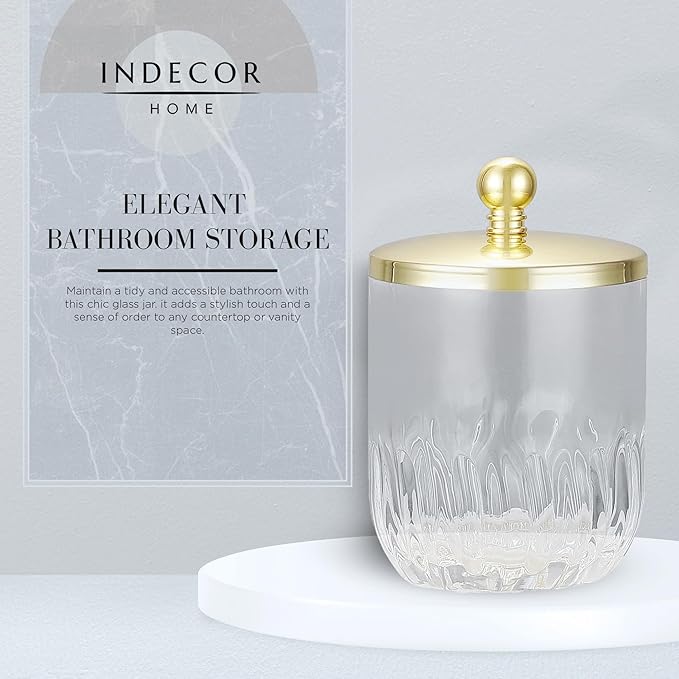 Indecor Home Clear Transparent Apothecary Vertical Wavy Glass Jar With Gold Metal Lid Cover for Bathroom Organization, Cotton Balls, Q Tips, and Small Accessories, Bathroom Storage