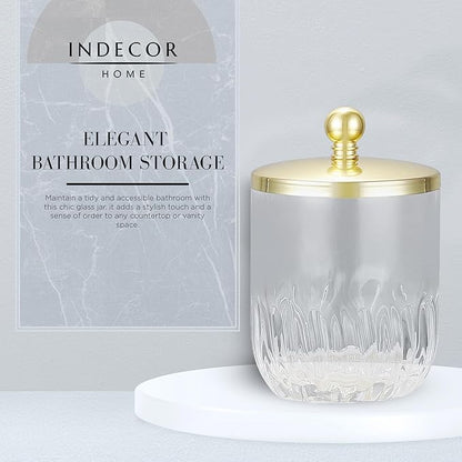 Indecor Home Clear Transparent Apothecary Vertical Wavy Glass Jar With Gold Metal Lid Cover for Bathroom Organization, Cotton Balls, Q Tips, and Small Accessories, Bathroom Storage