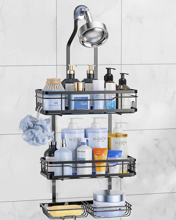 OMAIRA Shower Caddy Hanging with Soap Scrub Holder, Stainless Steel Adjustable No Drilling Non-Slip Large Capacity Sturdy Over Shower Head Shower Organizer Inside Shelves Bathroom Storage Rack, Black