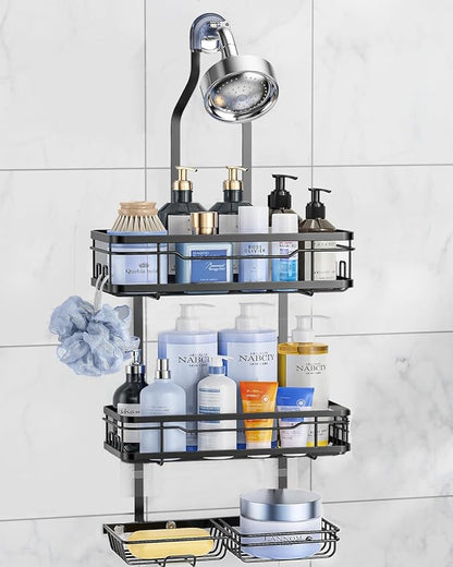 OMAIRA Shower Caddy Hanging with Soap Scrub Holder, Stainless Steel Adjustable No Drilling Non-Slip Large Capacity Sturdy Over Shower Head Shower Organizer Inside Shelves Bathroom Storage Rack, Black