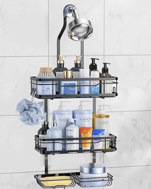 OMAIRA Shower Caddy Hanging with Soap Scrub Holder, Stainless Steel Adjustable No Drilling Non-Slip Large Capacity Sturdy Over Shower Head Shower Organizer Inside Shelves Bathroom Storage Rack, Black