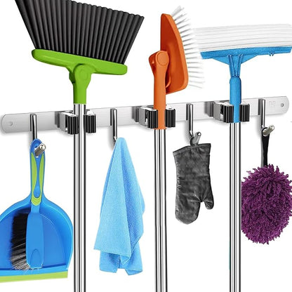 Mop and Broom Holder Wall Mount – Heavy-Duty Closet Organizer for Garage, Kitchen, Laundry Organization – Tool Hanger with 3 racks and 4 hooks