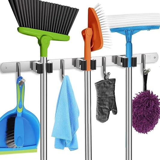 Mop and Broom Holder Wall Mount – Heavy-Duty Closet Organizer for Garage, Kitchen, Laundry Organization – Tool Hanger with 3 racks and 4 hooks