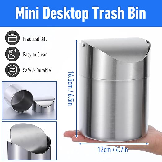 MAQUITA 2 Pcs Desk Trash Can with Swing Lids, 2L Brushed Stainless Steel Countertop Garbage Bin Small Wastebasket with Lid for Office Desk, Coffee Table