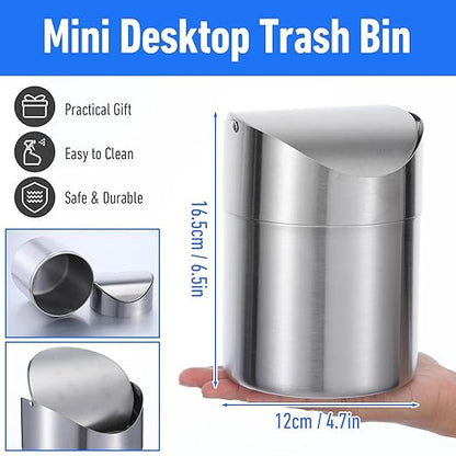 MAQUITA 2 Pcs Desk Trash Can with Swing Lids, 2L Brushed Stainless Steel Countertop Garbage Bin Small Wastebasket with Lid for Office Desk, Coffee Table