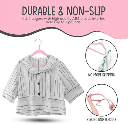 TechZoo 50 Premium Kids Velvet Hangers - 14" Non-Slip Clothes Hangers for Kids & Preteens - Ultra Slim, Space-Saving, Strong & Durable Hangers with 360° Swivel Hook - Pink