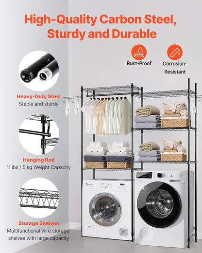 VEVOR Over The Washer and Dryer Storage Shelf, 5 Tier Laundry Room Drying Rack with Hanger Rod and Hooks, Adjustable Over Washer and Dryer Shelves, Laundry Room Shelf Storage Space Saver, Black