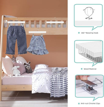 Nature Smile Kids Solid Wooden Pants Hangers,Baby Toddler Children Wood Skirts Hangers,Trousers Bottom 11.8 inches Hangers with 2-Adjustable Clips Anti-Rust Hook Pack of 20 (White)