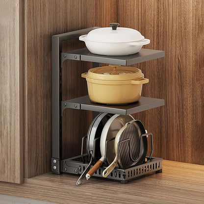 Dxcaicc Adjustable Pot Organizer Rack for Under Cabinet, Heavy Duty Storage Holder for Pots, Pans, and Lids, Space-Saving Kitchen Shelf Organizer,Black,Third Layer