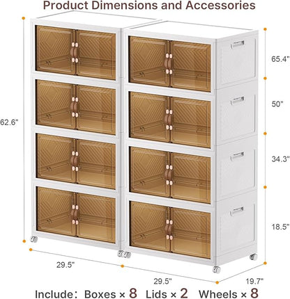 Extra Large Stackable Storage Bins, Lockable Storage Bins with Lids, Folding Storage box with Doors and Wheels, Collapsible Plastic Drawers for Home, Garage, Office (8, White, Extra Large)