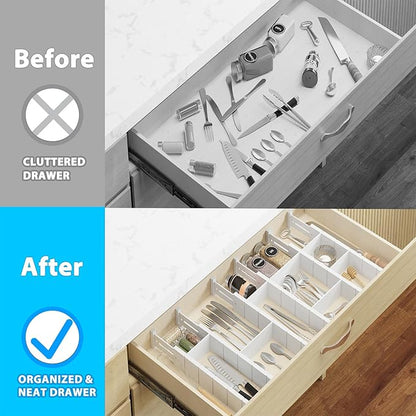 6 Pack Bamboo Drawer Dividers with 12 Inserts, Expandable Adjustable Clothes Drawer Organizers and Storage from 17" to 22" for Kitchen, Bedroom, Dresser, Cosmetics (White)