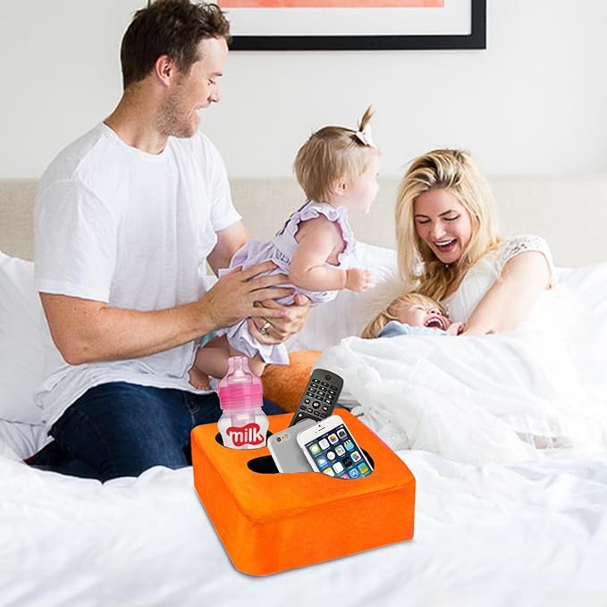 3 Hole Couch Bed Cup Holder Pillow, Keep Drinks Hand Side and KeepTemp, Prevent Spills, Use Anywhere - for Bed, Camping, RV, Car, Beach. Orange