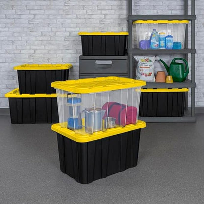 Sterilite 4-Pack 27 Gallon Industrial Storage Tote, Heavy-Duty Plastic Bins, Black/Yellow - Stackable Utility Organizers with Lids for Garage, Camping Tools, and Outdoor Gear