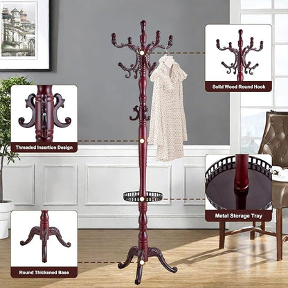 Solid Wood Coat Rack – Freestanding Coat Racks Stand with Hooks & Stable Base, Adjustable Height Modern Wooden Hall Tree for Entryway, Bedroom, Office, Home (H12 Mahogany)