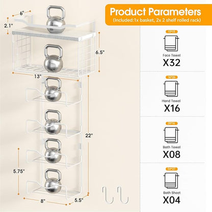 Towel Racks for Bathroom,Towel Rack Wall Mounted, 6 Tier Rolled Or Folded Towel Holder with Floating Shelves, Bathroom Towel Holder for Bath, Hand Towels,Metal,Full White