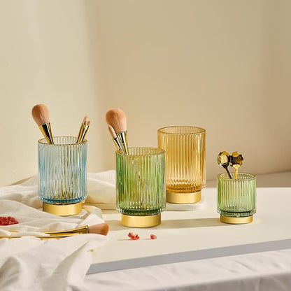 LEICURACE Makeup Brush Holder Organizer,Toothbrush Holders,Desk Pen Pencil Holder,Multifunctional Vintage Glass Brush Cup（S+L/Blue/A3-3-US）