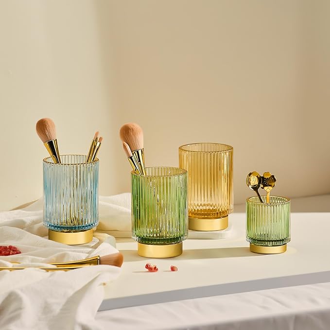 LEICURACE Makeup Brush Holder Organizer,Toothbrush Holders,Desk Pen Pencil Holder,Multifunctional Vintage Glass Brush Cup（S+L/Green/A3-1-US）