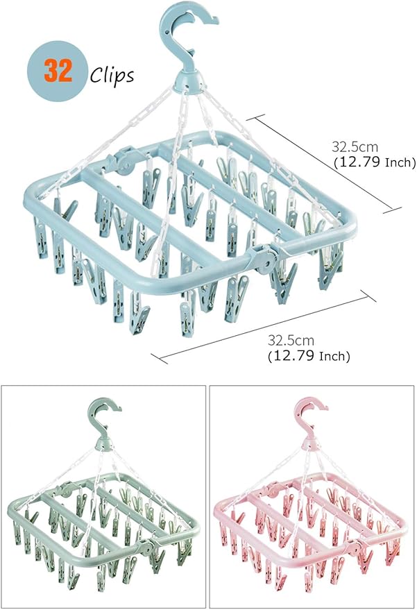 Laundry Hangers with 32 Clips,Clothespin Rack Foldable Laundry Drying Rack Drip Hanger for Drying Socks,Bras,Towel,Underwear,Hat,Scarf,Pants,Baby Clothes,Cloth Diapers,Gloves (Purple)