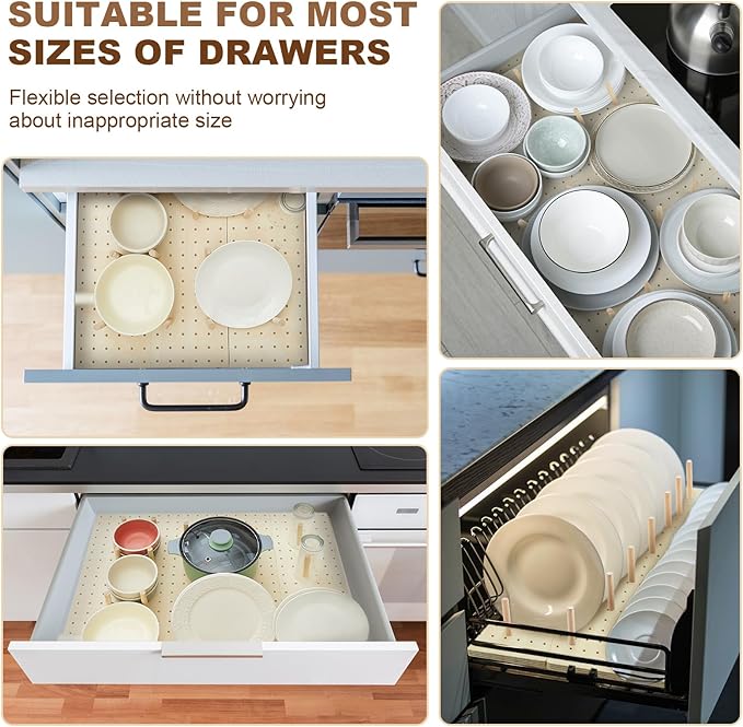 Kigley 3 Pcs Wood Pegboard Drawer Organizer with 32 Pegs Wooden Peg Board Drawer Shelf Organizer Adjustable Peg System for Dishes Plate Pot Container Cookware Utensil Kitchen(17 x 5.91 in)