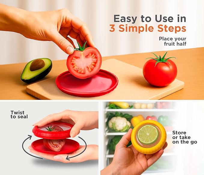 Avocado Saver & Onion Storage –Set of 4 BPA-Free Food Containers with Silicone Lids – Reusable Fruit and Veggie Savers, Fresh Pods for Food – Perfect for Tomato Holder, Garlic, Lemon & More