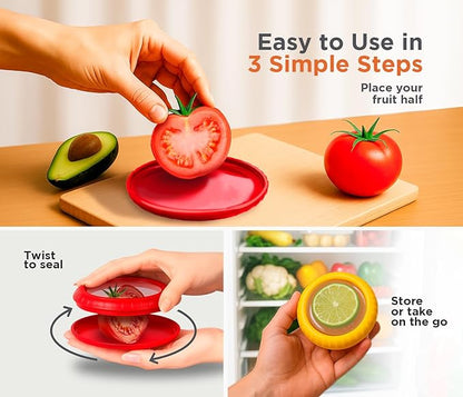 Avocado Saver & Onion Storage –Set of 4 BPA-Free Food Containers with Silicone Lids – Reusable Fruit and Veggie Savers, Fresh Pods for Food – Perfect for Tomato Holder, Garlic, Lemon & More