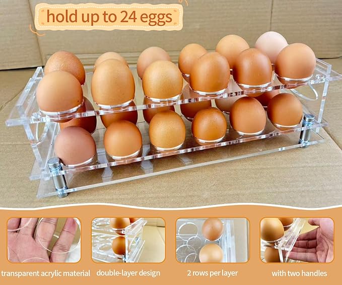 Acrylic Clear Egg Holder for Counter, Stackable Fresh Eggs Holders Organizer 24, 2-Tier Open Egg Rack Container with Handle, Easy to Clean, Storage for Chicken, Duck Eggs, Easter Egg Holder Decor