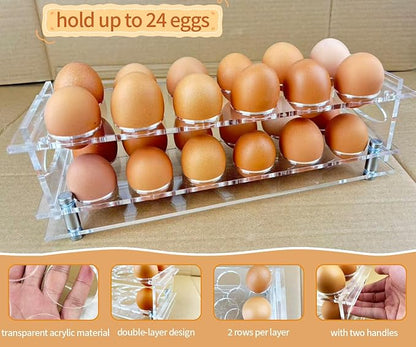 Acrylic Clear Egg Holder for Counter, Stackable Fresh Eggs Holders Organizer 24, 2-Tier Open Egg Rack Container with Handle, Easy to Clean, Storage for Chicken, Duck Eggs, Easter Egg Holder Decor