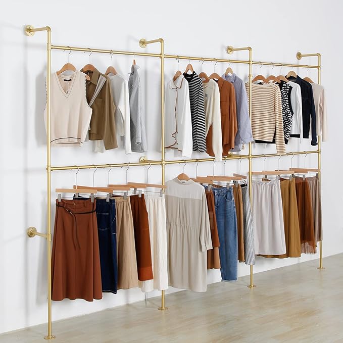 Wall Mounted Industrial Pipe Clothing Garment Racks, Metal Clothing Store Display Stands Clothes Rack Multi-purpose Heavy Duty Hanging Rod for Closet Storage, 134in Gold