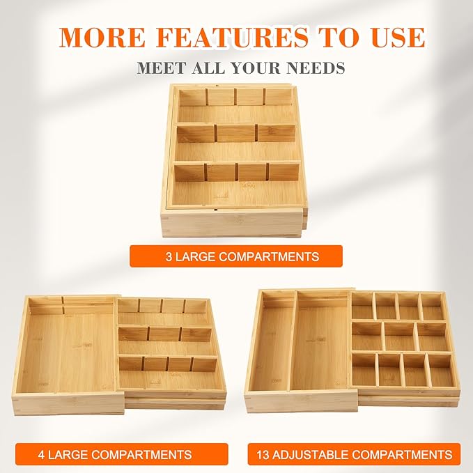 1 Pcs Bamboo Desk Drawer Organizer 2 Inch Height Expandable Drawer Organizer Trays with 13 Adjustable Compartments Desk Accessories for Makeup Silverware Office Bathroom(Wood)