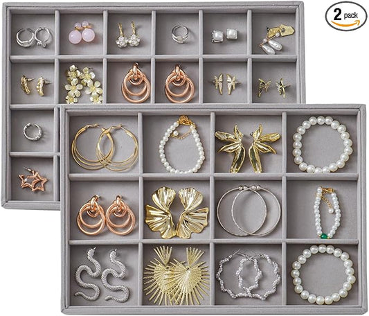 KATISYIO Large Velvet Jewelry Tray 2 Pack Stackable Jewelry Display Drawer Inserts Trays Organizer for Earring Bracelet Necklace Ring (Gray, 12 Grids+24 Grids)