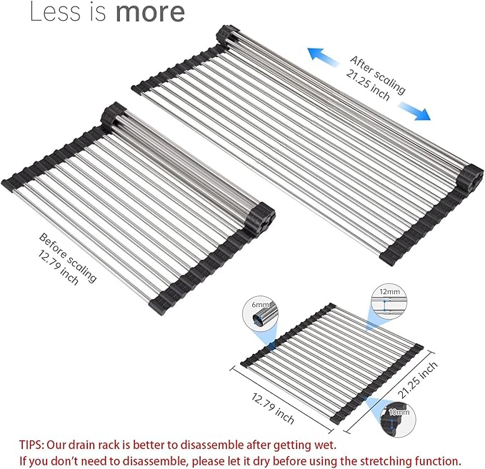 AXIMIXAME Expandable Large Draining Rack, Roll Up Heat-Resistant Dish Drainer for Stainless Steel Sinks, Collapsible Over The Sink Rack Non-Slip Silicone Rolling Up Rack 18 Tube