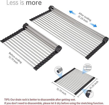 AXIMIXAME Expandable Large Draining Rack, Roll Up Heat-Resistant Dish Drainer for Stainless Steel Sinks, Collapsible Over The Sink Rack Non-Slip Silicone Rolling Up Rack 18 Tube