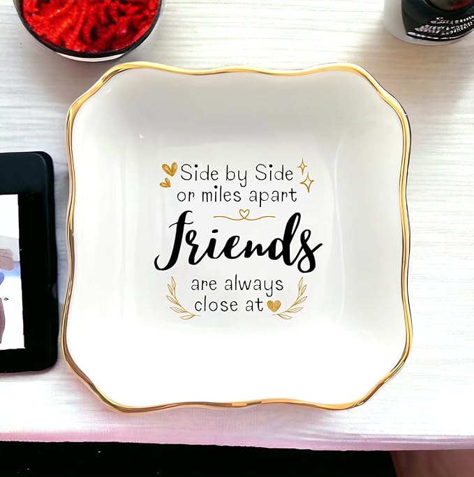 HatafaFurni gift for Friend - Side by Side or Miles Apart Friends Are Always Close at Heart - Birthday, Christmas, Wedding Gifts - Jewelry Dish, Ceramic Ring Dish, Trinket tray, Ring tray